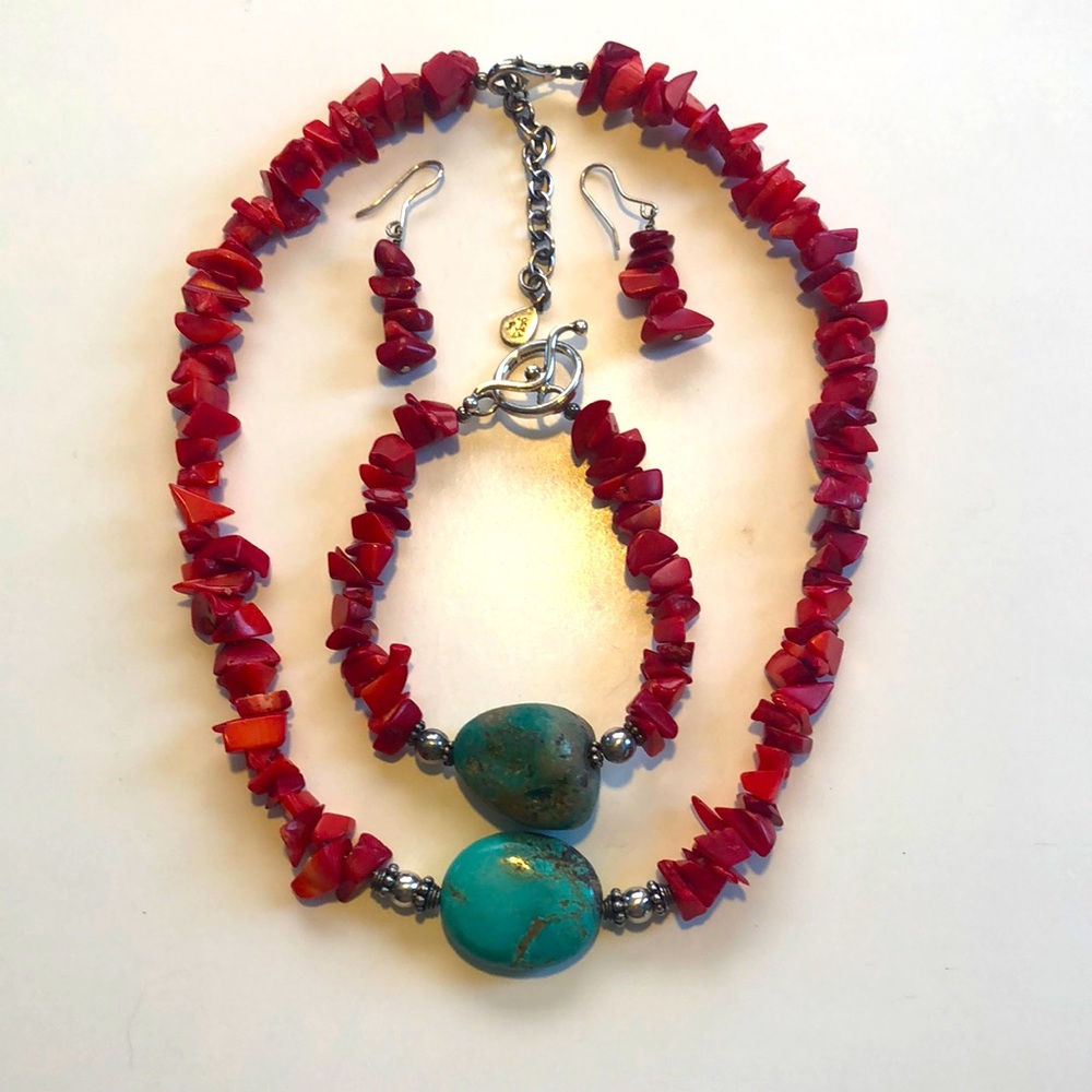 Barse Red Sea Coral and Blue Turquoise Necklace and Bracelet